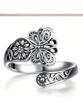 Adjustable Garden Spoon Ring Butterfly and Flowers Zinc Alloy #1